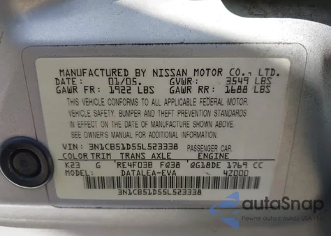 2005 Nissan Sentra 1.8S z USA, uszkodzony, nr VIN 3N1CB51D55L523338